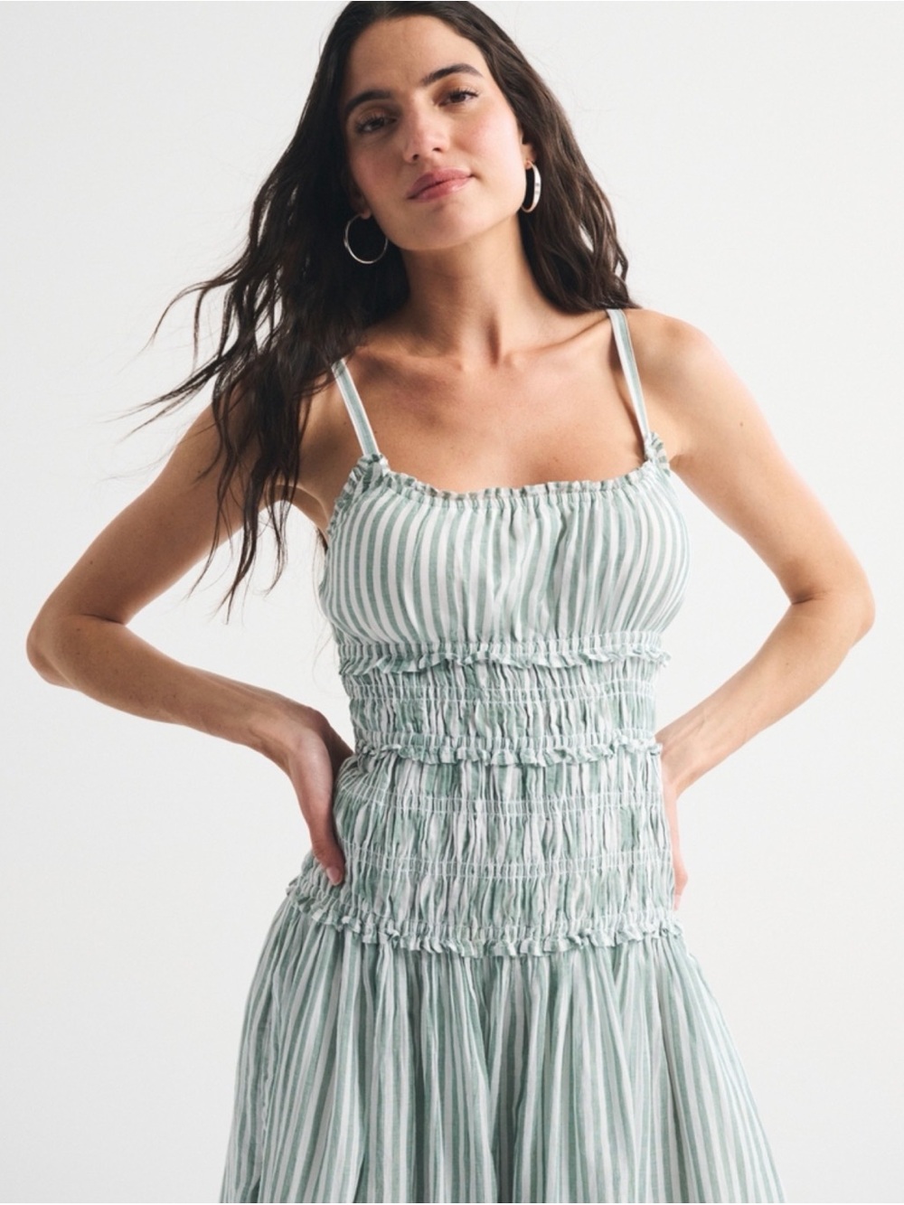Abercrombie & Fitch Light Mint Striped Smocked Maxi Dress Bra Free - Picture 2 of 8